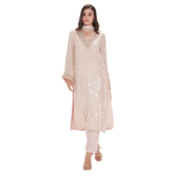 Women's Blush Pink Sequin Kurta Set with Straight Pants - 3 Piece Suit