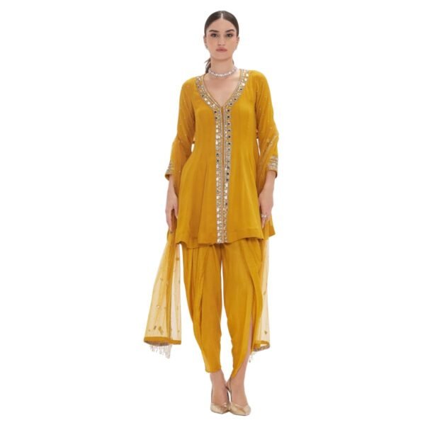 Women's Mustard Yellow Mirror Work Dhoti Salwar Kameez Set